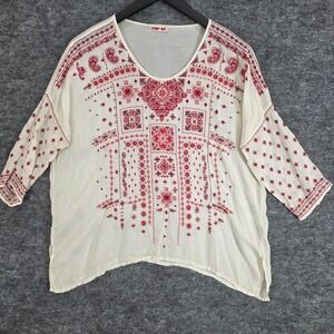 Johnny Was Tunic Top Small Cream Red Rayon Embroidered Boho Peasant‎ 3/4 Sleeve
